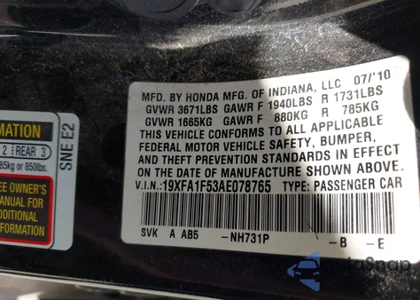 2010 Honda Civic Lx from USA, damaged, VIN 19XFA1F53AE078765